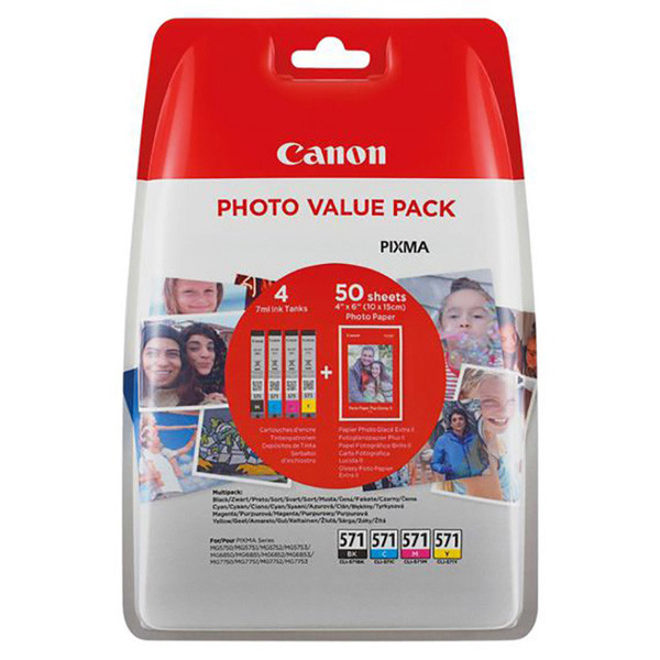 Canon original ink CLI-571 CMYK, black/color, 0386C007, photo value pack, Canon 4-pack C/M/Y/K + paper PIXMA MG5750, MG6850, MG775