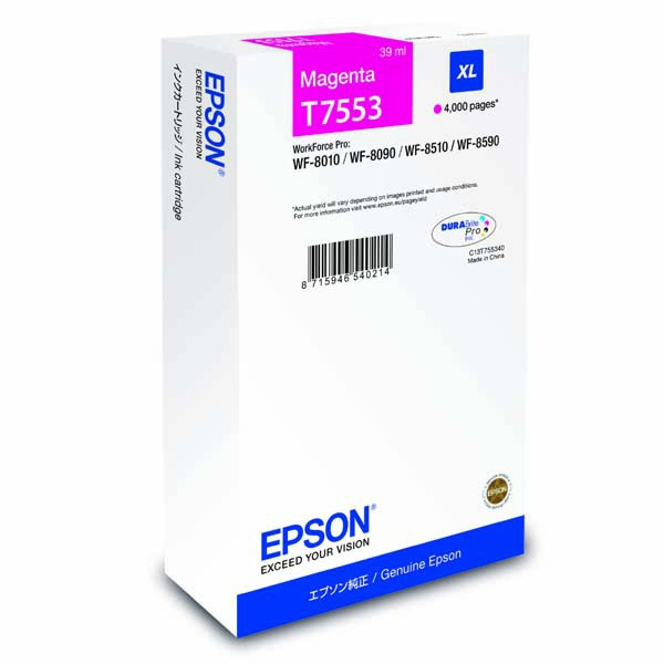 Epson original ink C13T755340, T7553, XL, magenta, 4000str., 39ml, 1ks, Epson WorkForce Pro WF-8590DWF