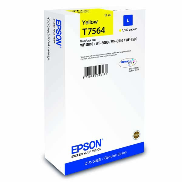 Epson original ink C13T756440, T7564, L, yellow, 1500str., 14ml, 1ks, Epson WorkForce Pro WF-8590DWF