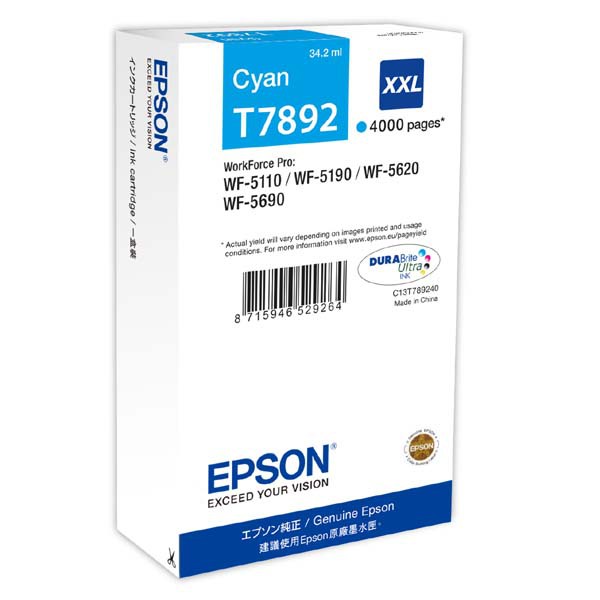 E-shop Epson originál ink C13T789240, T789, XXL, cyan, 4000str., 34ml, 1ks, Epson WorkForce Pro WF-5620DWF, WF-5110DW, WF-5690DWF, azurová