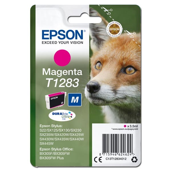 E-shop Epson originál ink C13T12834012, T1283, magenta, 3,5ml, Epson Stylus S22, SX125, 420W, 425W, Stylus Office BX305, purpurová