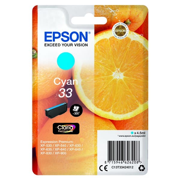 E-shop Epson originál ink C13T33424012, T33, cyan, 4,5ml, Epson Expression Home a Premium XP-530,630,635,830, azurová