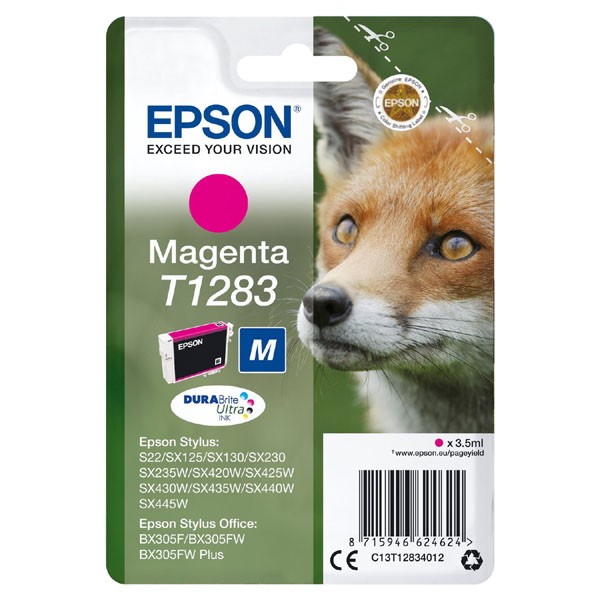 E-shop Epson originál ink C13T12834022, T1283, magenta, blister, 3,5ml, Epson Stylus S22, SX125, 420W, 425W, Stylus Office BX305, purpurová