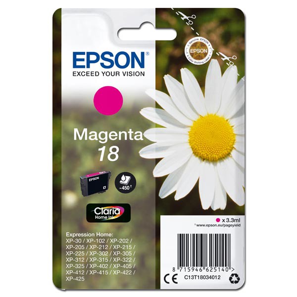 Epson originál ink C13T18034012, T180340, magenta, 3,3ml, Epson Expression Home XP-102, XP-402, XP-405, XP-302, purpurová