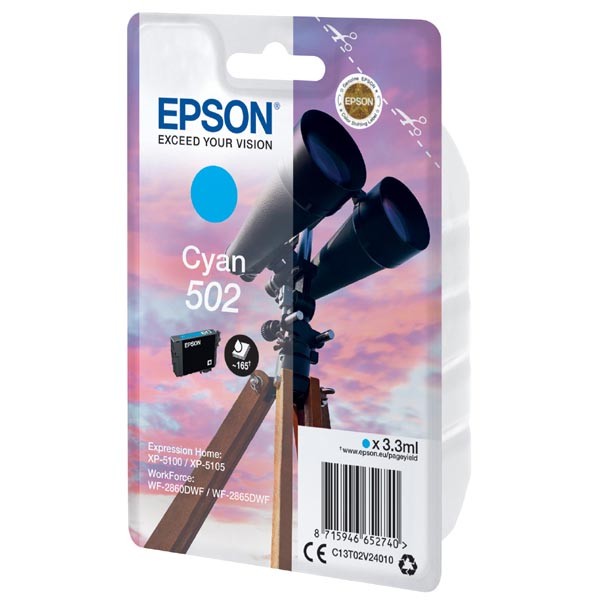 E-shop Epson originál ink C13T02V24010, 502, T02V240, cyan, 165str., 3.3ml, Epson XP-5100, XP-5105, WF-2880dwf, WF2865dwf, azurová