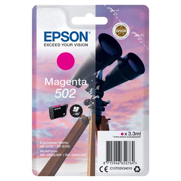 E-shop Epson originál ink C13T02V34010, 502, T02V340, magenta, 165str., 3.3ml, Epson XP-5100, XP-5105, WF-2880dwf, WF2865dwf, purpurová