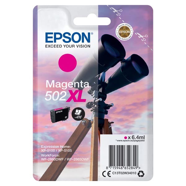 E-shop Epson originál ink C13T02W34010, 502XL, T02W340, magenta, 470str., 6.4ml, Epson XP-5100, XP-5105, WF-2880dwf, WF2865dwf, purpurová