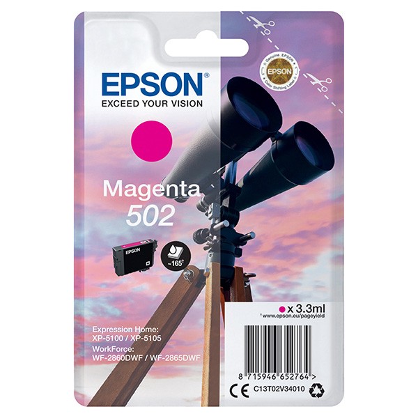 Epson originál ink C13T02V34020, 502, T02V340, magenta, 165str., 3.3ml, Epson XP-5100, XP-5105, WF-2880dwf, WF2865dwf, purpurová