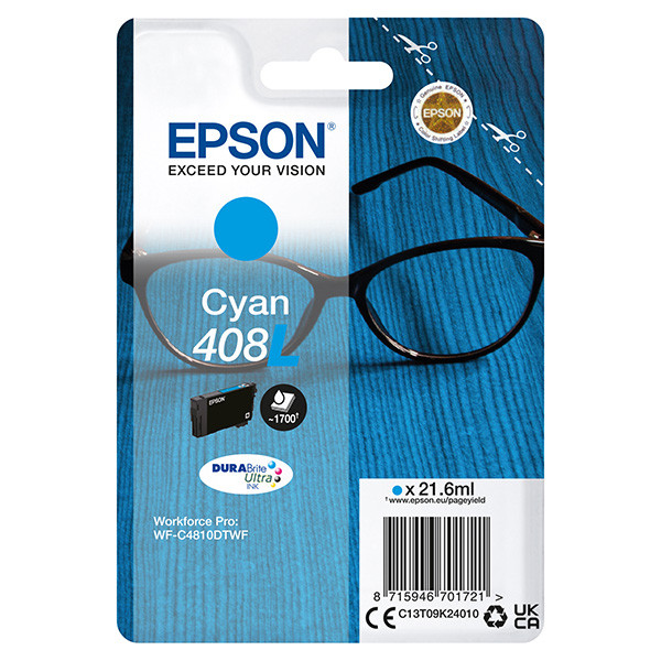 Epson originál ink C13T09K24010, T09K240, 408L, cyan, 21.6ml, Epson WF-C4810DTWF, azurová