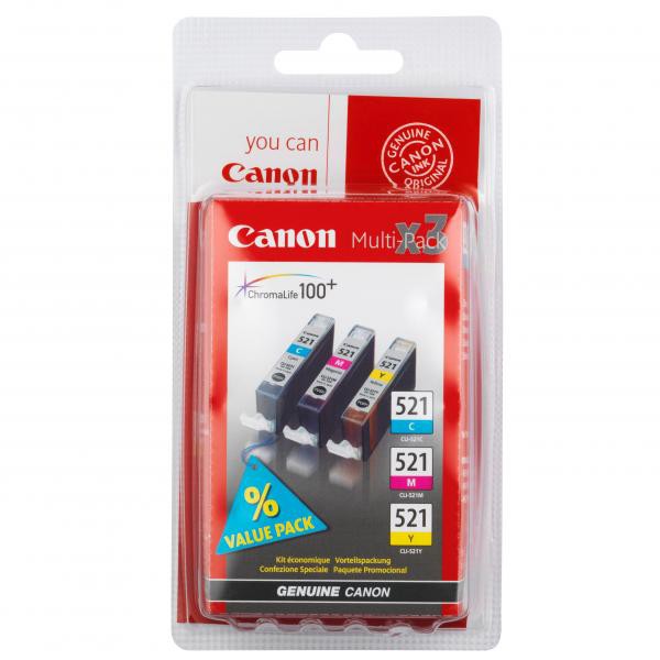 Canon originál ink CLI521, cyan/magenta/yellow, blister, 3x9ml, 2934B010, 2934B007, Canon iP3600, iP4600, MP620, MP630, MP980, farebná